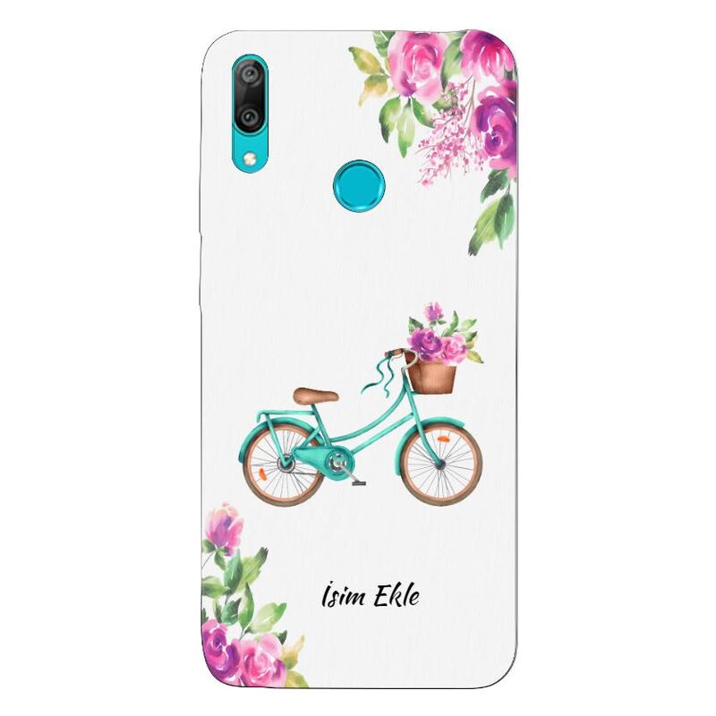 Huawei - Y7 2019 Çiçekli Mavi Bisiklet Silikon Kılıf