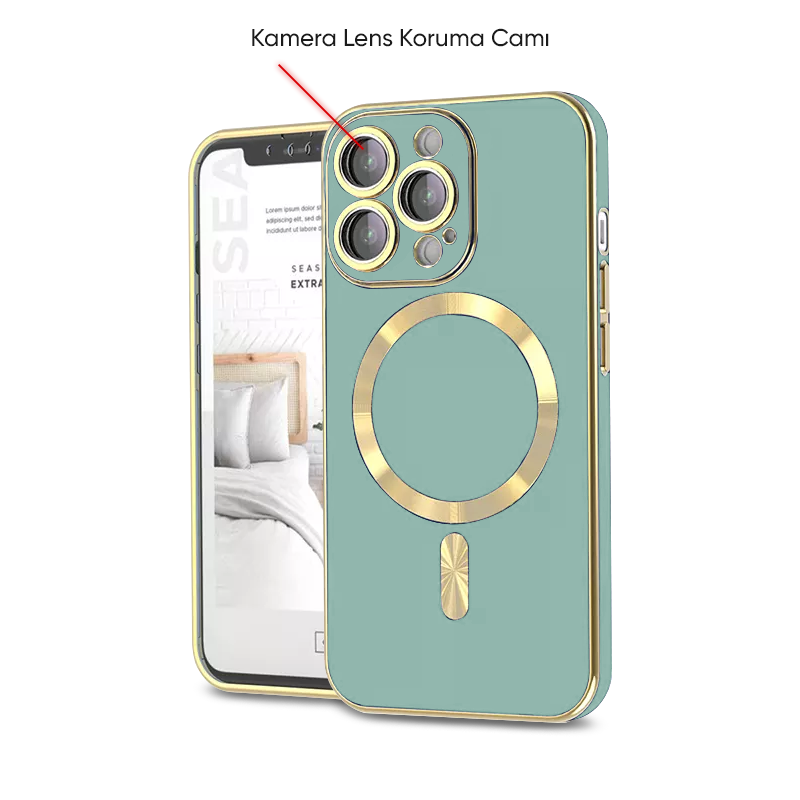 Apple iPhone 13 Pro Max Kılıf Açık Yeşil Zebana Magsafe Golden Silikon