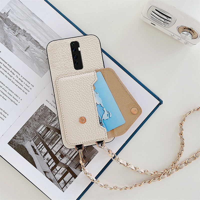 Oppo - Reno 2Z Zebana Boyun Askılı Deri Kılıf - Krem Rengi
